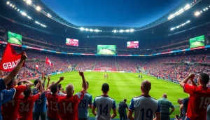 축구중계를 생생하게 전달하는 경기장 전경과 열광하는 관중들 설명