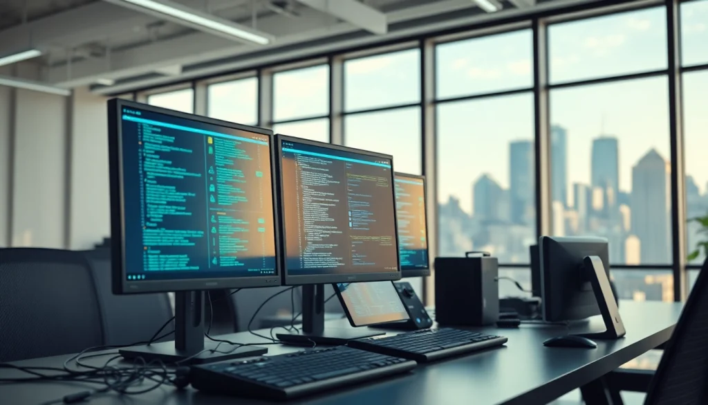 Technology workspace with sleek gadgets and multiple monitors demonstrating innovation and digital connectivity.