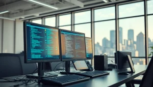 Technology workspace with sleek gadgets and multiple monitors demonstrating innovation and digital connectivity.