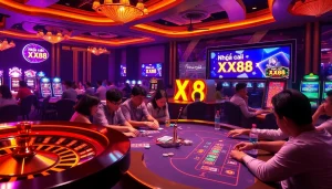 Exciting poker scene at Nhà cái XX88 with intense players and colorful chips.