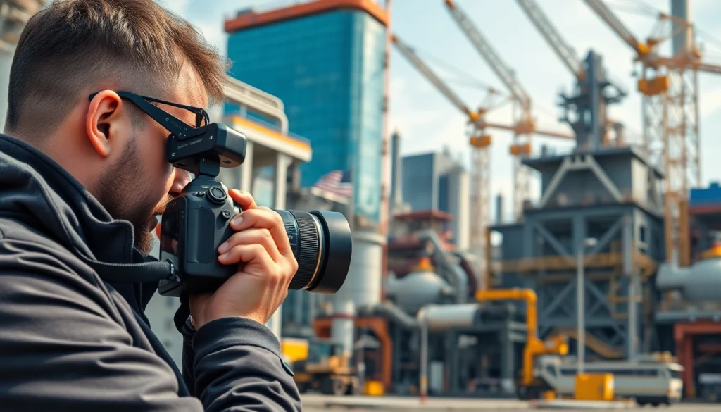 Fotografo Industriale che cattura un cantiere mentre lavora con attrezzature di alta qualità.