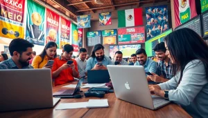 Engaging scene of sports betting Mexico with enthusiastic bettors analyzing odds and mobile devices.