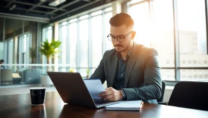 Find a job in chicago with a professional reviewing listings in a bright modern office.