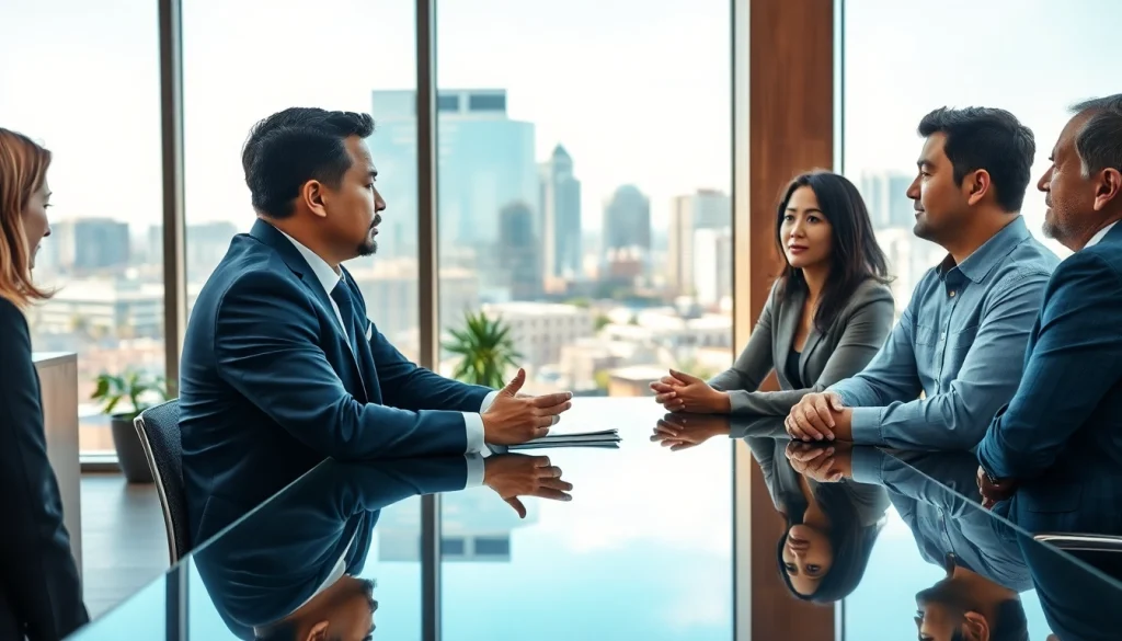 Discussing investment management San Antonio strategies in a modern office with professionals.