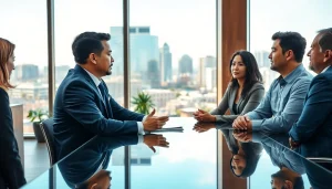 Discussing investment management San Antonio strategies in a modern office with professionals.