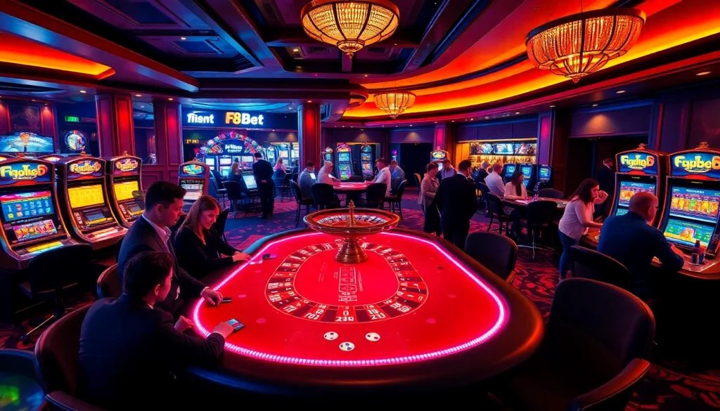 F8bet casino players enjoy an exciting poker game at a luxurious table.