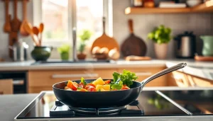 View of the best nonstick pan NZ cooking vibrant vegetables, showcasing its quality and design.