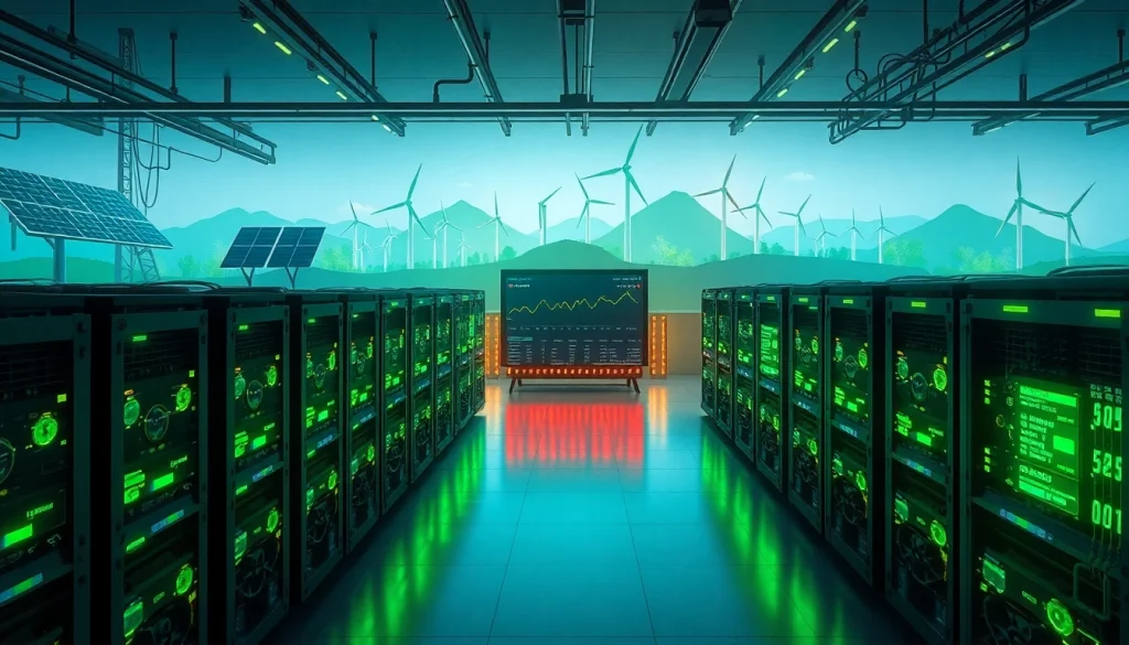 Visual representation of dogecoin cloud mining earnings at a modern, renewable energy-powered crypto mining farm.