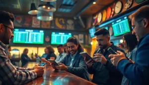 Engaged bettors discussing online sports betting Canada in an urban bar with sports memorabilia.