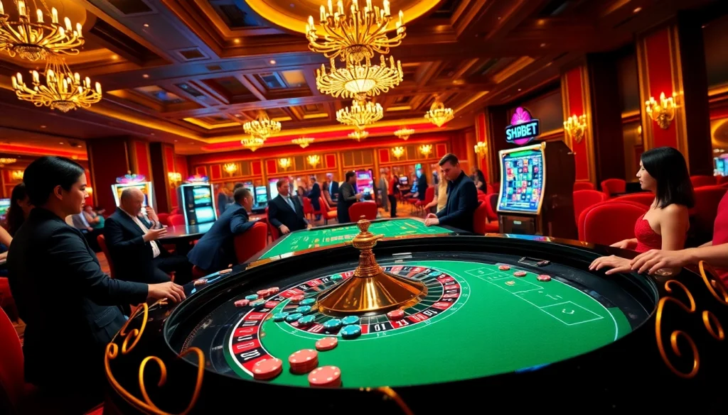 SHBET players excitedly wager at the roulette table in a vibrant casino setting.