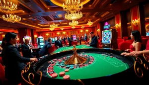 SHBET players excitedly wager at the roulette table in a vibrant casino setting.