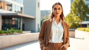 Showcasing the Rivelle brand with a stylish model in an elegant urban setting.