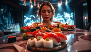 Body sushi elegantly presented on a model in a luxurious setting, showcasing a unique dining experience.