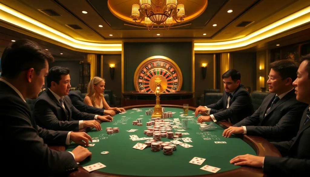 Experience high-stakes poker excitement at https://jun88buzz.info/ with colorful chips and an iconic roulette wheel.