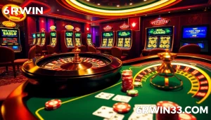 Experience exciting gameplay with 6RWIN33 COM at an elegant online casino table filled with vibrant chips and cards.