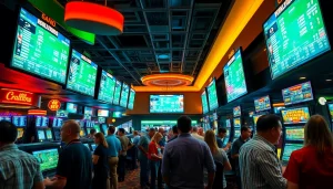 Engaged bettors in an online sports betting Oklahoma scene at a lively casino, showcasing excitement and action.