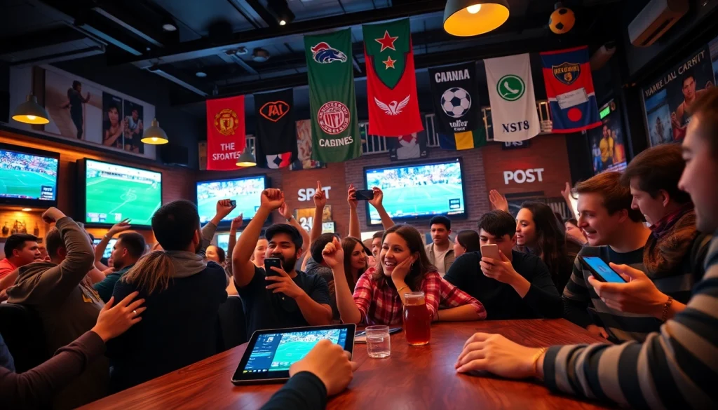 Engaged fans enjoying online sports betting Nova Scotia in a lively sports bar ambiance.