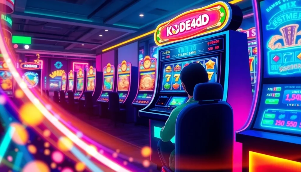 Kode4d slot machines illustrating a vibrant online gaming experience with exciting graphics and neon lighting.