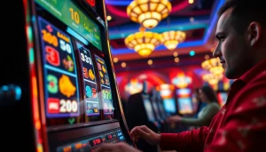 Menampilkan slot deposit pulsa yang menarik dengan pemain aktif dan mesin slot yang berkilau.