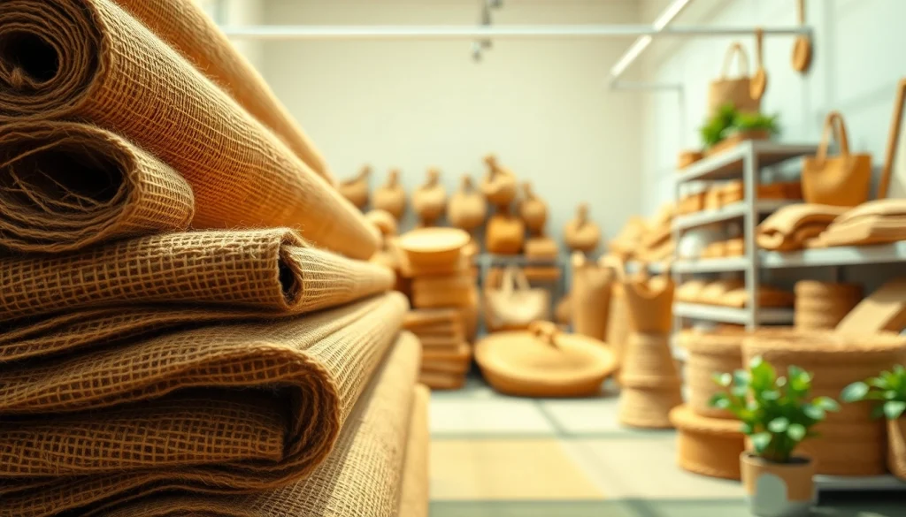 Jute-stofrollen in een stoffenwinkel tonen unieke texturen en kleuren.