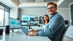 Powerful realestate tools in a modern office showcasing technology and professionalism.