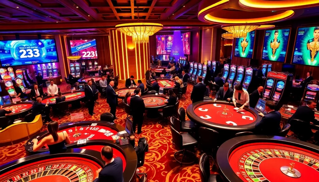 Players enjoying various games at 23win casino, showcasing excitement and luxury.