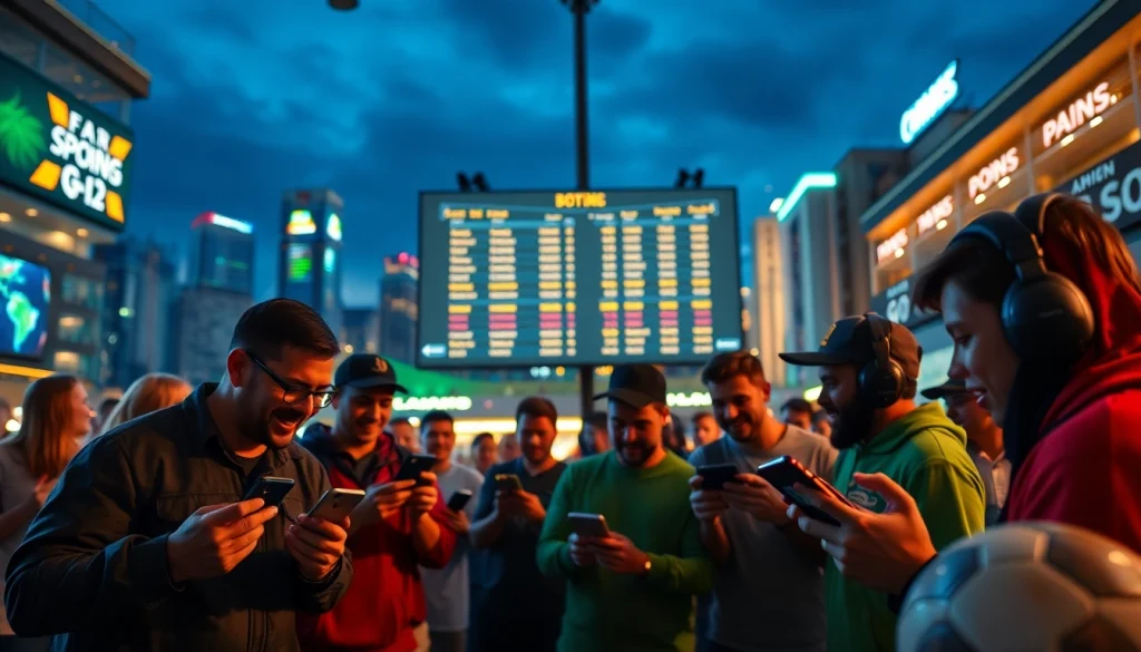 Engaged bettors participating in online sports betting Georgia with vibrant city background.