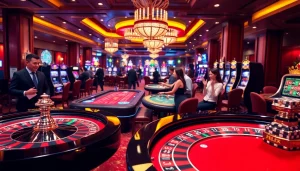 Players enjoying casino games at F168's luxurious gaming area with vibrant tables.