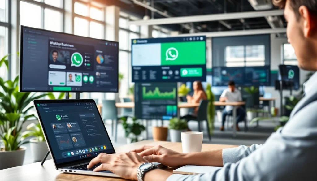 Maximize customer engagement with WhatsApp Business CRM in a vibrant office setting, showcasing professional interactions.