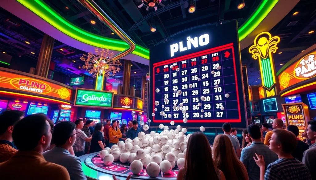 Permainan situs plinko yang menegangkan dengan bola jatuh di papan besar, menciptakan suasana kasino yang ceria.