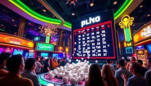 Permainan situs plinko yang menegangkan dengan bola jatuh di papan besar, menciptakan suasana kasino yang ceria.