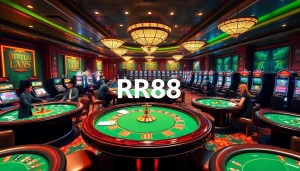 Players enjoying high-stakes games at RR88 casino, featuring roulette, poker, and slot machines.