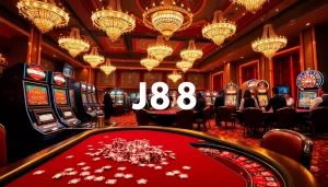 Players enjoying high-stakes games at J88 casino tables, vibrant atmosphere filled with excitement.