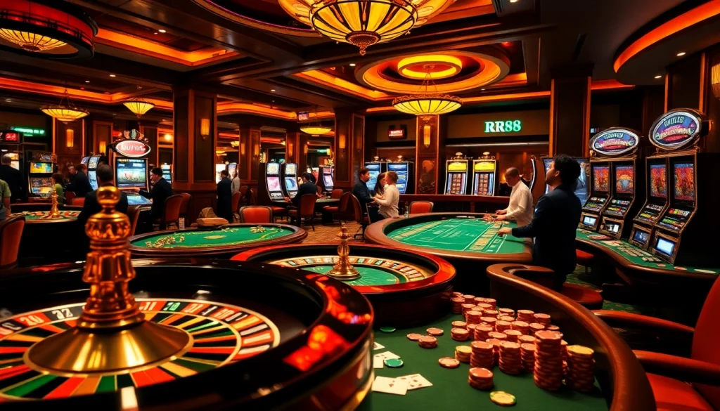 Engage with thrilling casino games at RR88 featuring rich poker tables and vibrant roulette setups.