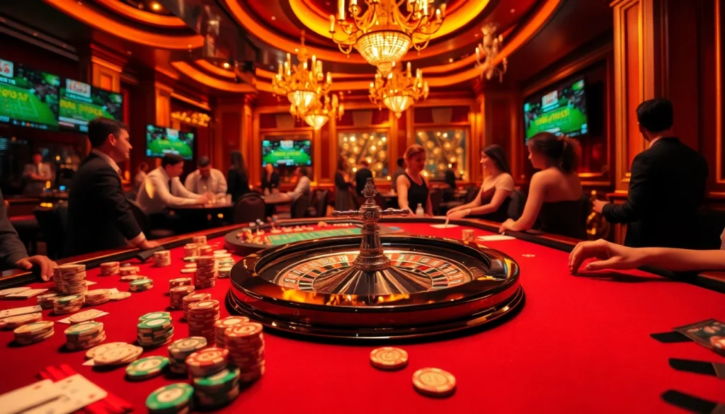 Excited gamblers placing bets while examining tỷ lệ nhà cái at a luxurious casino table