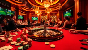Excited gamblers placing bets while examining tỷ lệ nhà cái at a luxurious casino table