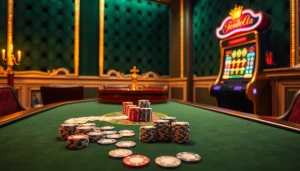 S8 casino scene with poker table and luxury slot machine, showcasing vibrant gaming excitement.