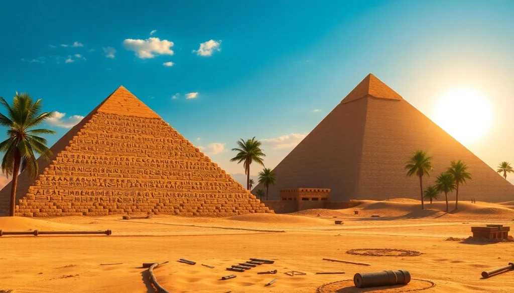 Pyraminds standing majestically under a vibrant sunset, showcasing intricate ancient designs.