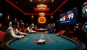 Engage with the excitement of nhà cái vua99 at a stylish casino table with poker players.