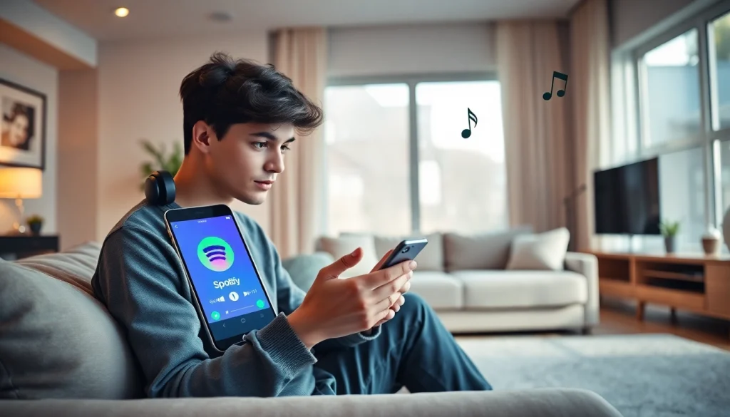 Engaged young adult enjoying music on Spotify mod in a stylish living room.