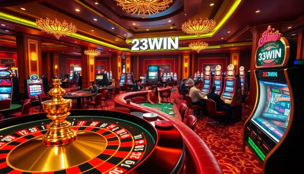 Experience the thrill of gambling with 23WIN's vibrant casino scene featuring roulette, poker, and slots.
