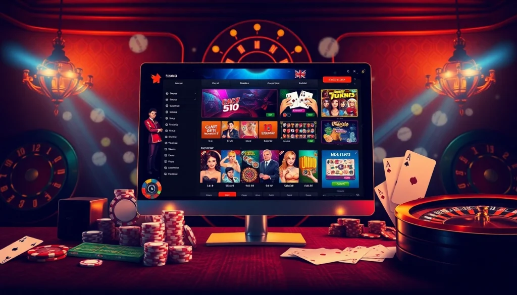 A dynamic casino scene featuring online gambling elements from https://taigo88.team/, showcasing poker chips and a sleek interface.