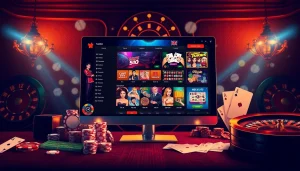 A dynamic casino scene featuring online gambling elements from https://taigo88.team/, showcasing poker chips and a sleek interface.