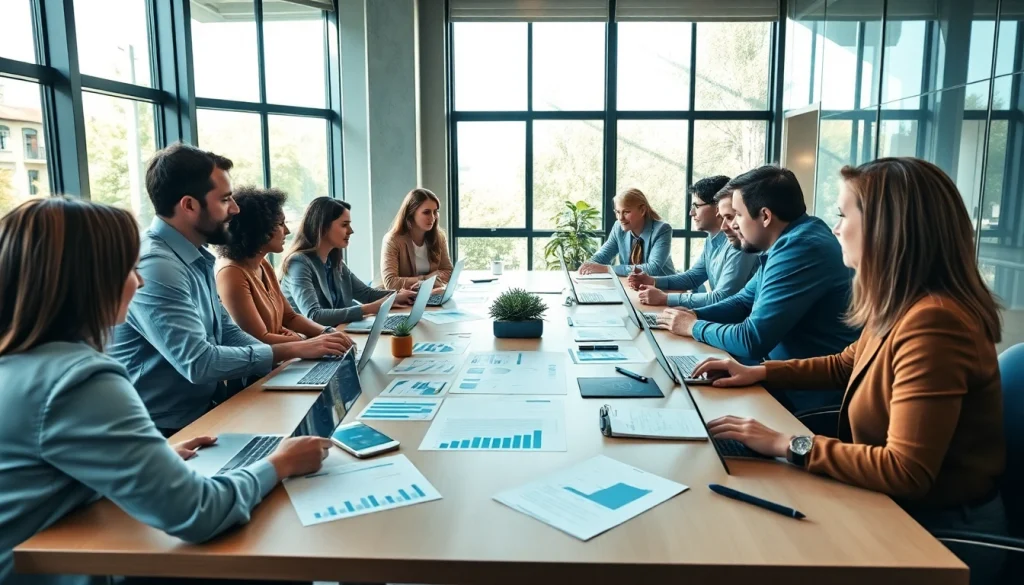 Engaged team discussing growth strategy trends in a modern office with dynamic collaboration elements.