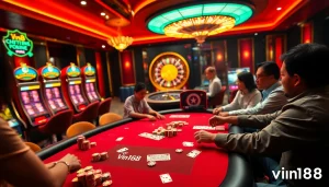 Exciting poker action at a casino featuring vn168 betting slips, colorful chips, and vibrant slot machines.