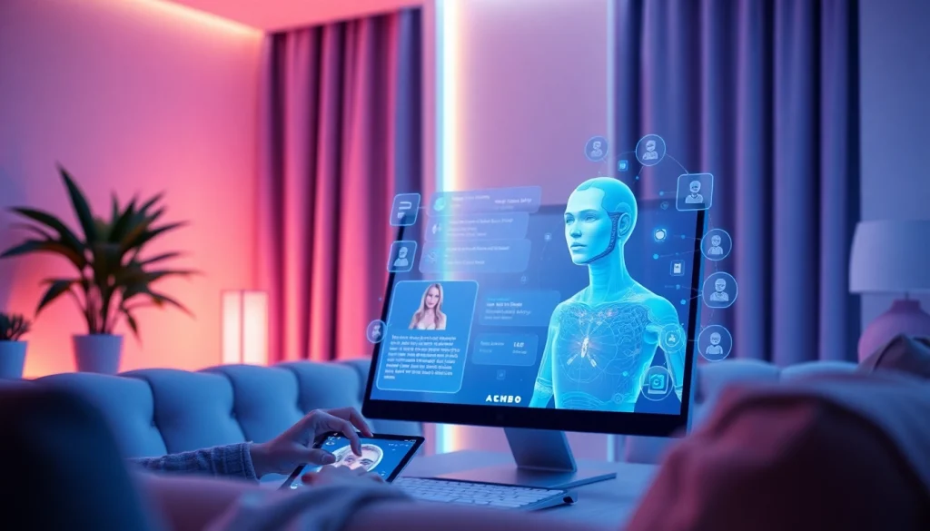Interactive scene of AI sex chatbot in a modern room, showcasing advanced technology and engaging design.