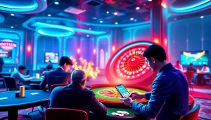 Engaging gamblers place bets using sbobet link alternatif in a vibrant online casino setting.