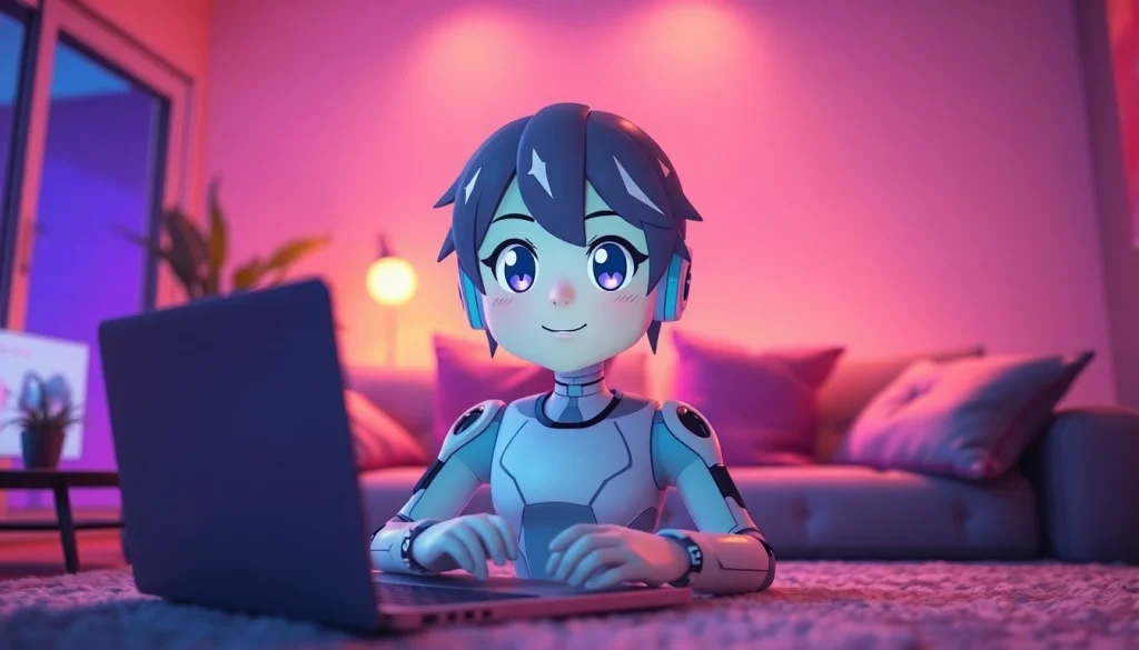 Engaging nsfw character ai chat interface with a charming anime character in a cozy, ambient setting.