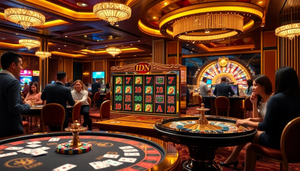 Experience the excitement of idn slot gaming at a luxurious casino with vibrant slot machines and eager players.