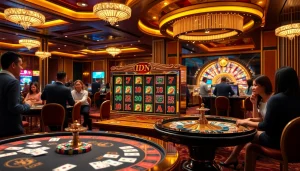 Experience the excitement of idn slot gaming at a luxurious casino with vibrant slot machines and eager players.